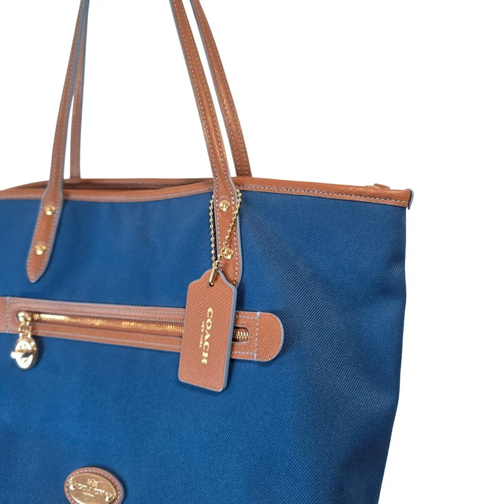 Coach Tote Bag Womens Large Blue Leather Trim Shoulder Bag Handbag
